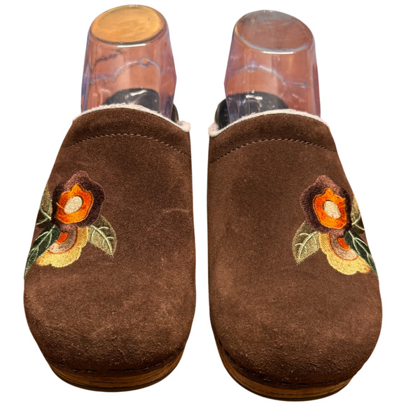 DANSKO 39/US8.5-9 Brown Suede Comfort Clog Orange Floral Embroidery Mules READ - Picture 8 of 12